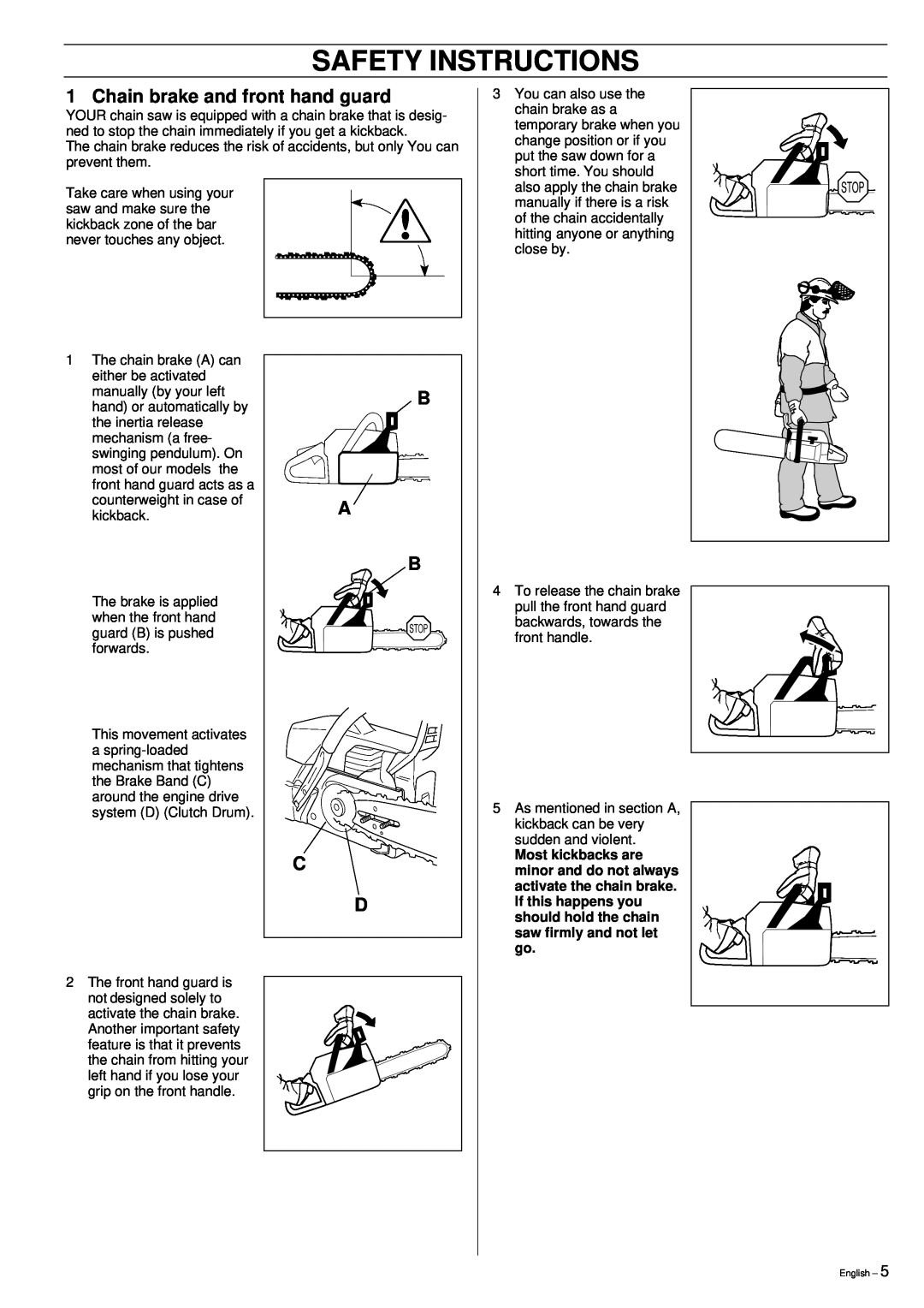 Jonsered 2149 manual Chain brake and front hand guard, Safety Instructions 