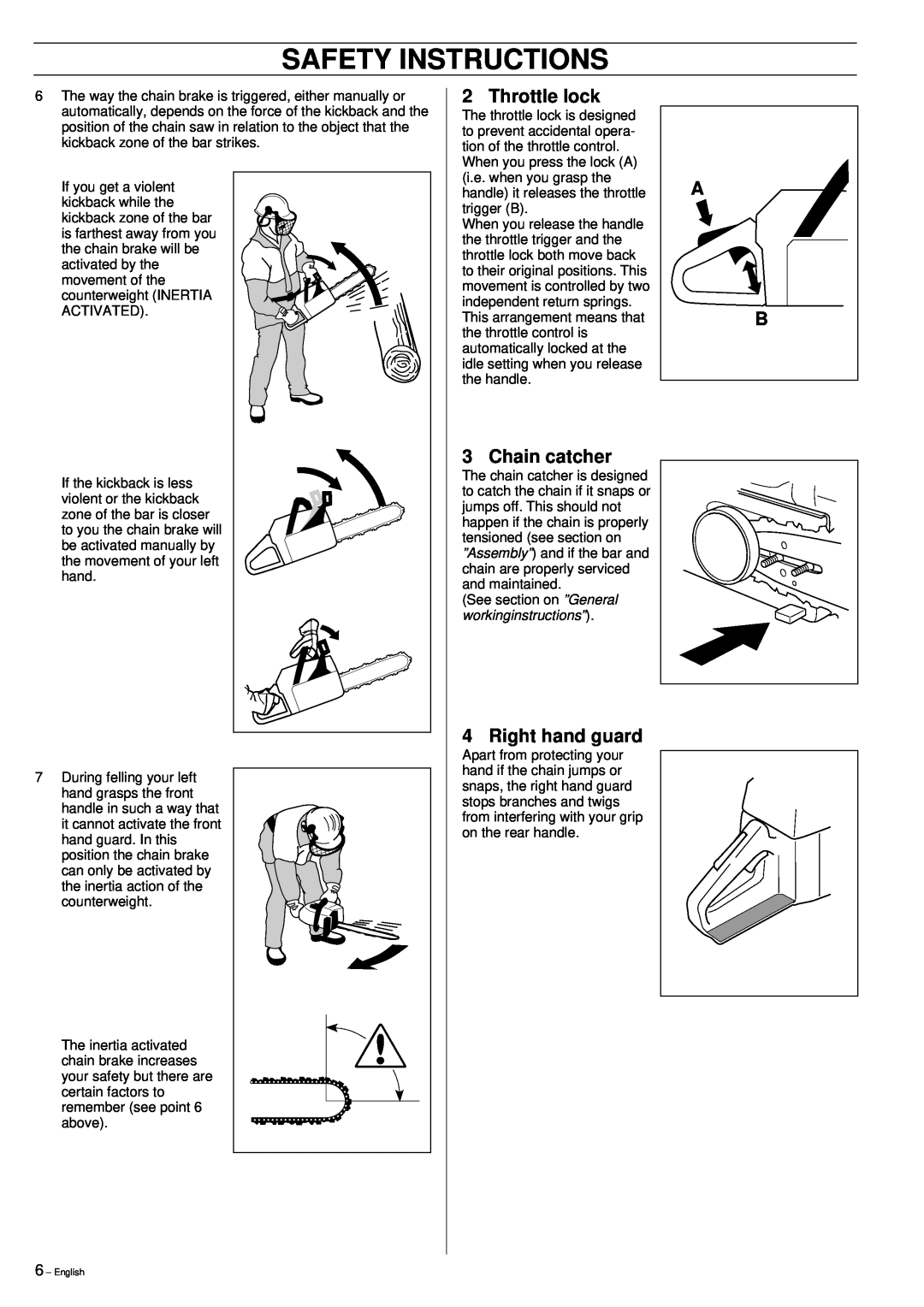 Jonsered 2149 manual Throttle lock, Chain catcher, Right hand guard, Safety Instructions 