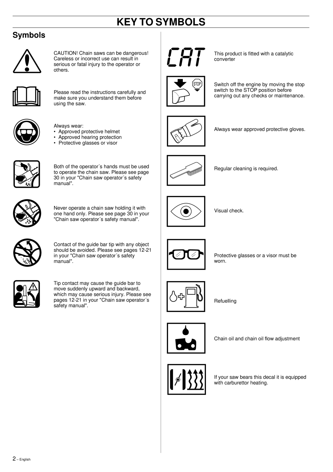 Jonsered 2159 manual KEY to Symbols 