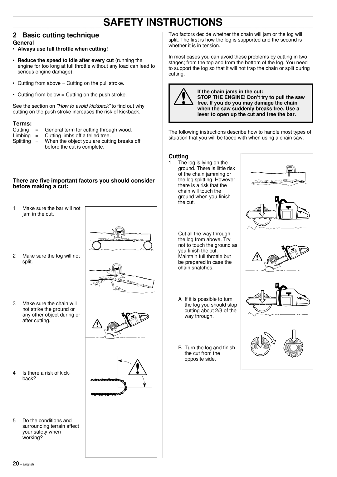 Jonsered 2159 manual Basic cutting technique, General, Terms, Cutting 