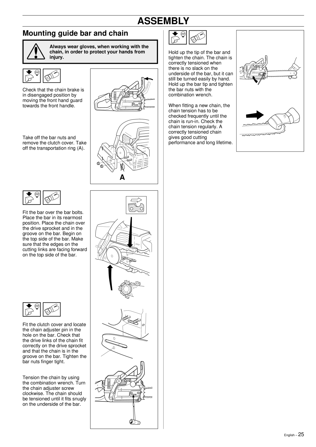 Jonsered 2159 manual Assembly, Mounting guide bar and chain 