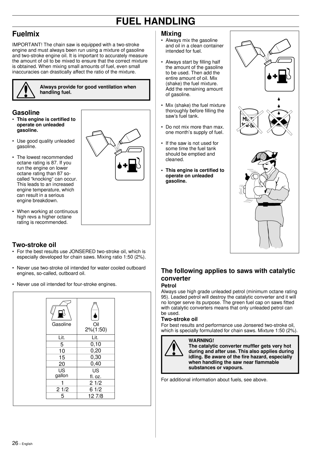 Jonsered 2159 manual Fuel Handling, Fuelmix 