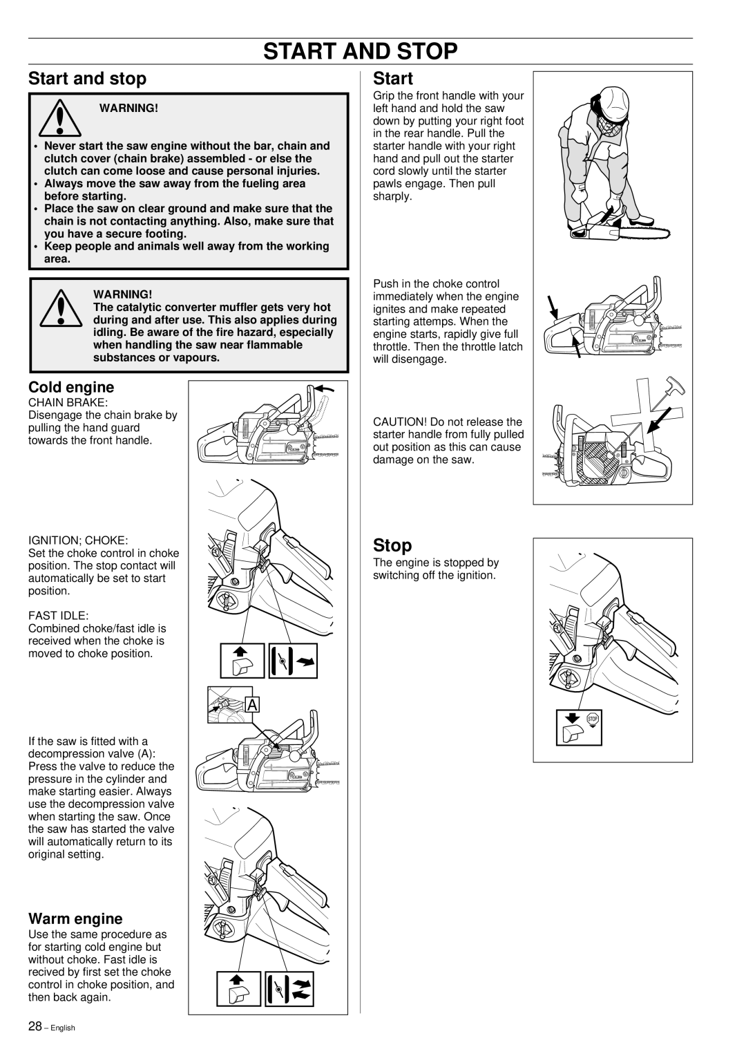 Jonsered 2159 manual Start and Stop, Start and stop 