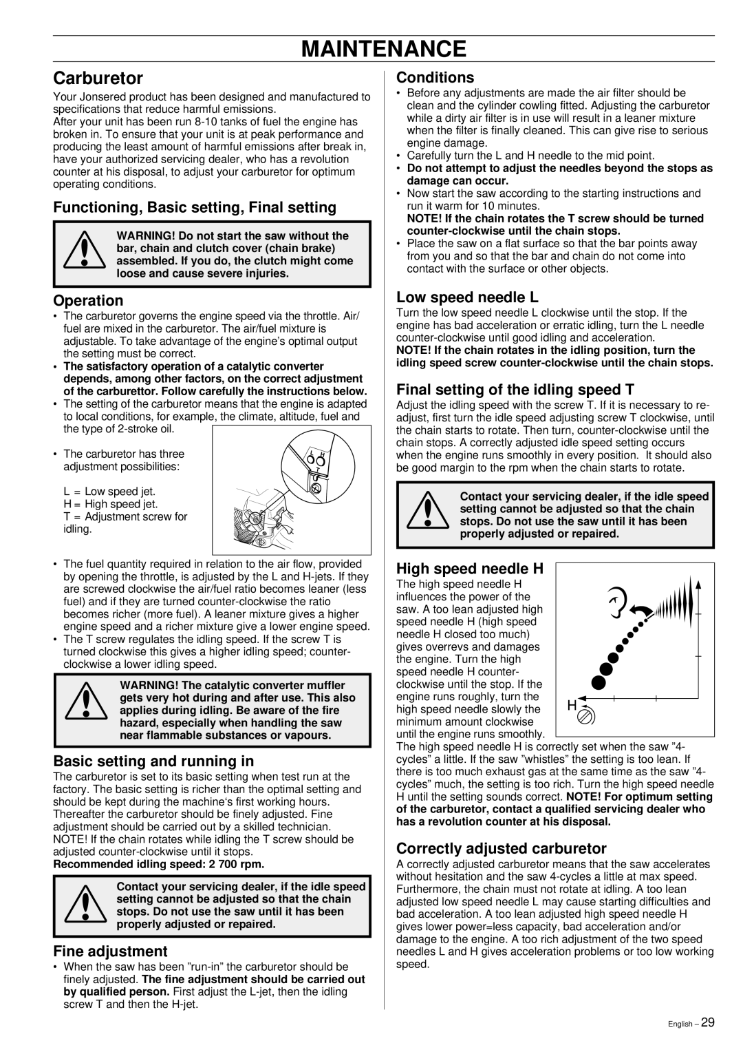 Jonsered 2159 manual Maintenance, Carburetor 