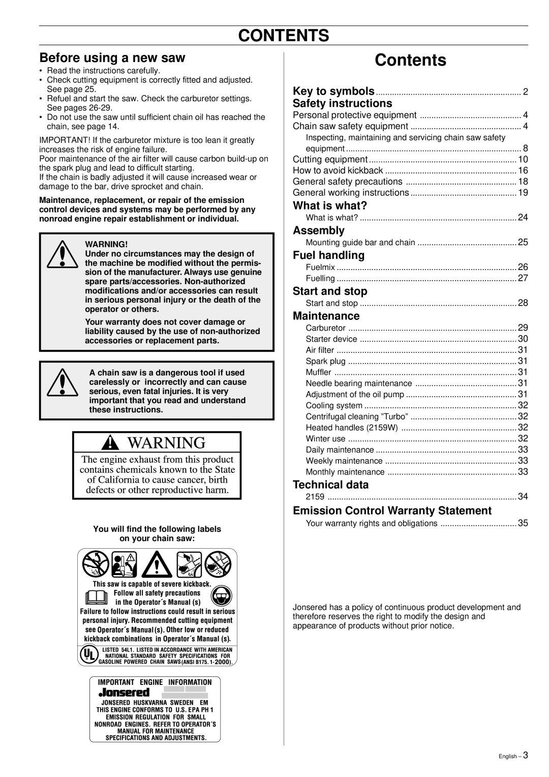 Jonsered 2159 manual Contents 