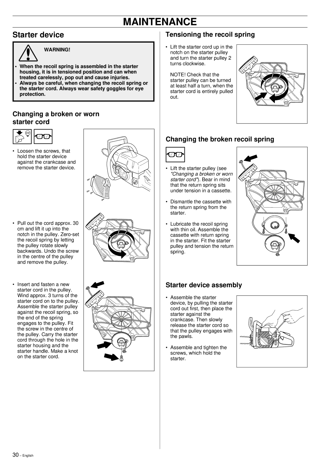 Jonsered 2159 manual Starter device, Changing a broken or worn starter cord, Tensioning the recoil spring 