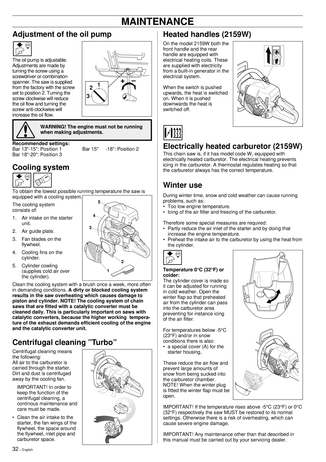 Jonsered manual Adjustment of the oil pump Heated handles 2159W, Cooling system, Electrically heated carburetor 2159W 