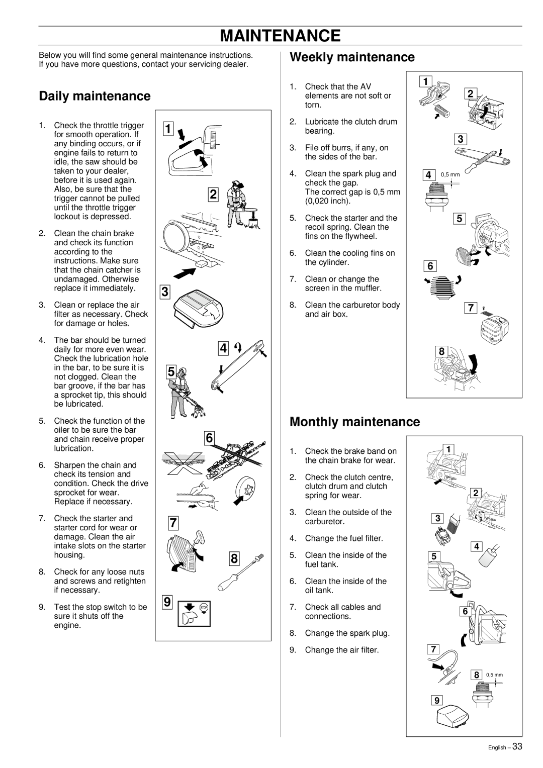 Jonsered 2159 manual Weekly maintenance Daily maintenance, Monthly maintenance 