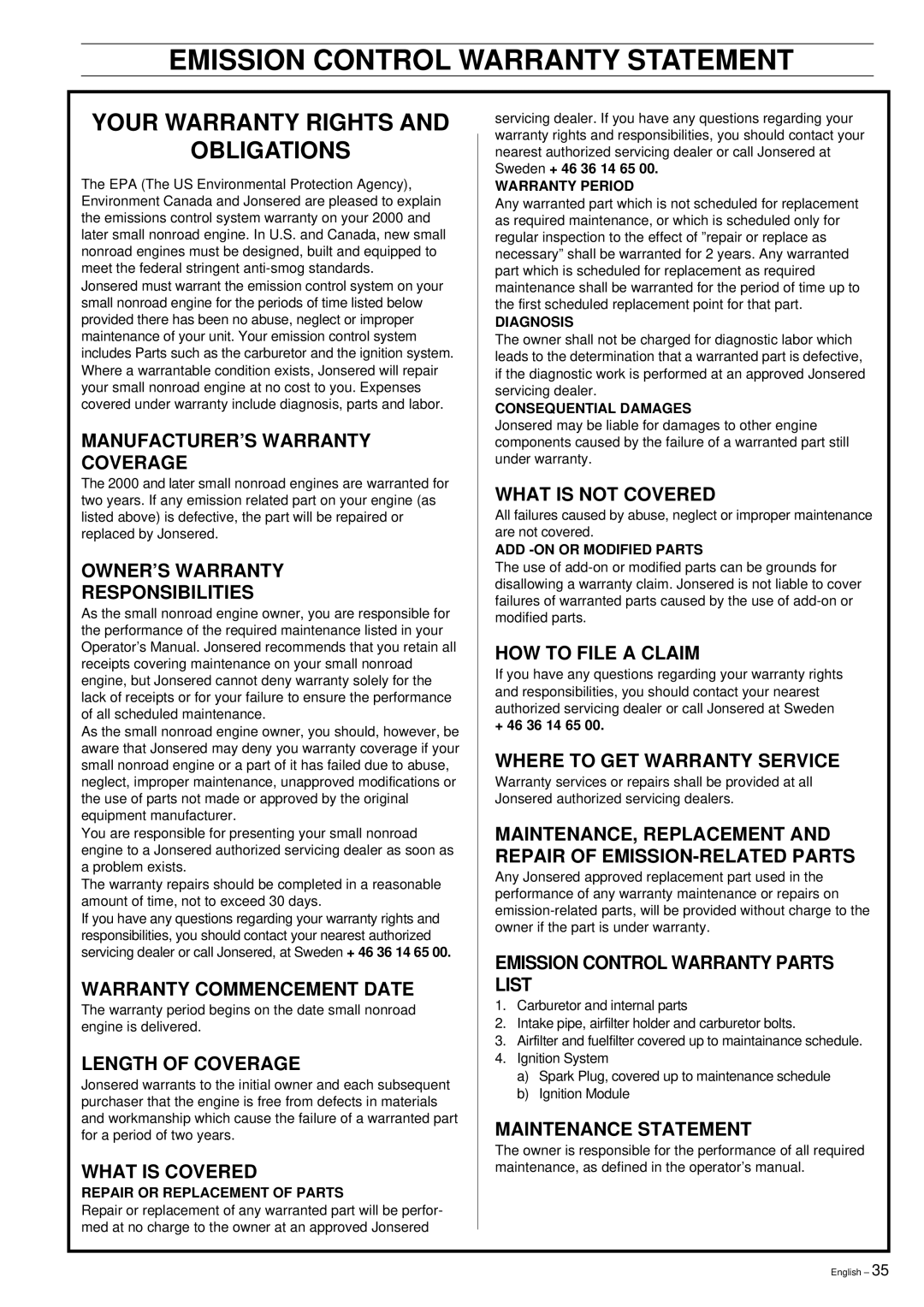 Jonsered 2159 manual Emission Control Warranty Statement, + 46 36 14 65 