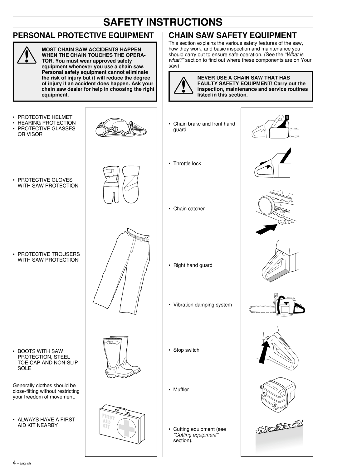 Jonsered 2159 manual Safety Instructions, Personal Protective Equipment 