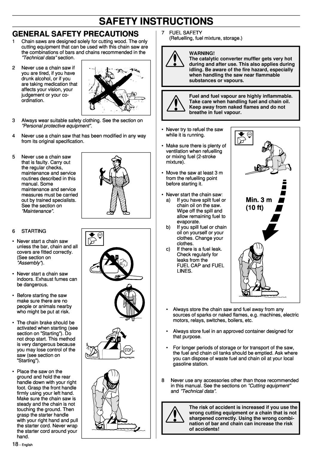 Jonsered 2159 manual General Safety Precautions, Min. 3 m, 10 ft, ”Technical data” section, ”Personal protective equipment” 