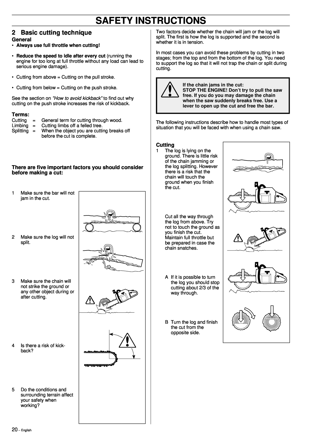 Jonsered 2159 Basic cutting technique, General, Terms, Cutting, Always use full throttle when cutting, Safety Instructions 