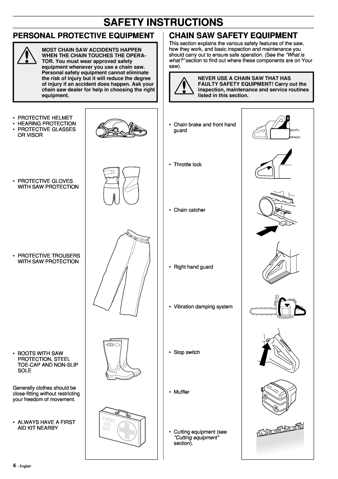 Jonsered 2159 manual Safety Instructions, Chain Saw Safety Equipment, Personal Protective Equipment 