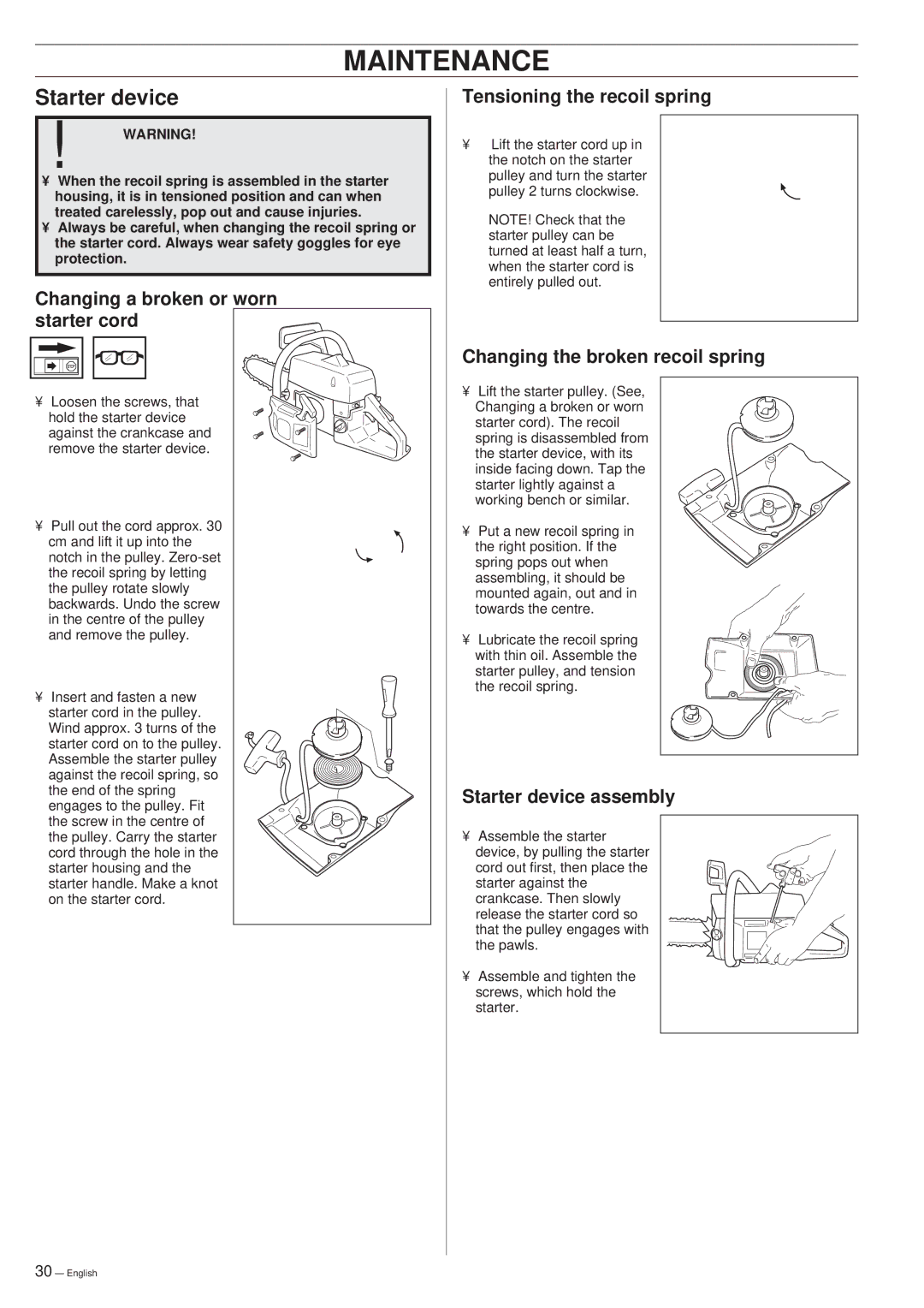 Jonsered 625, 670, 630 Changing a broken or worn starter cord, Tensioning the recoil spring, Starter device assembly 