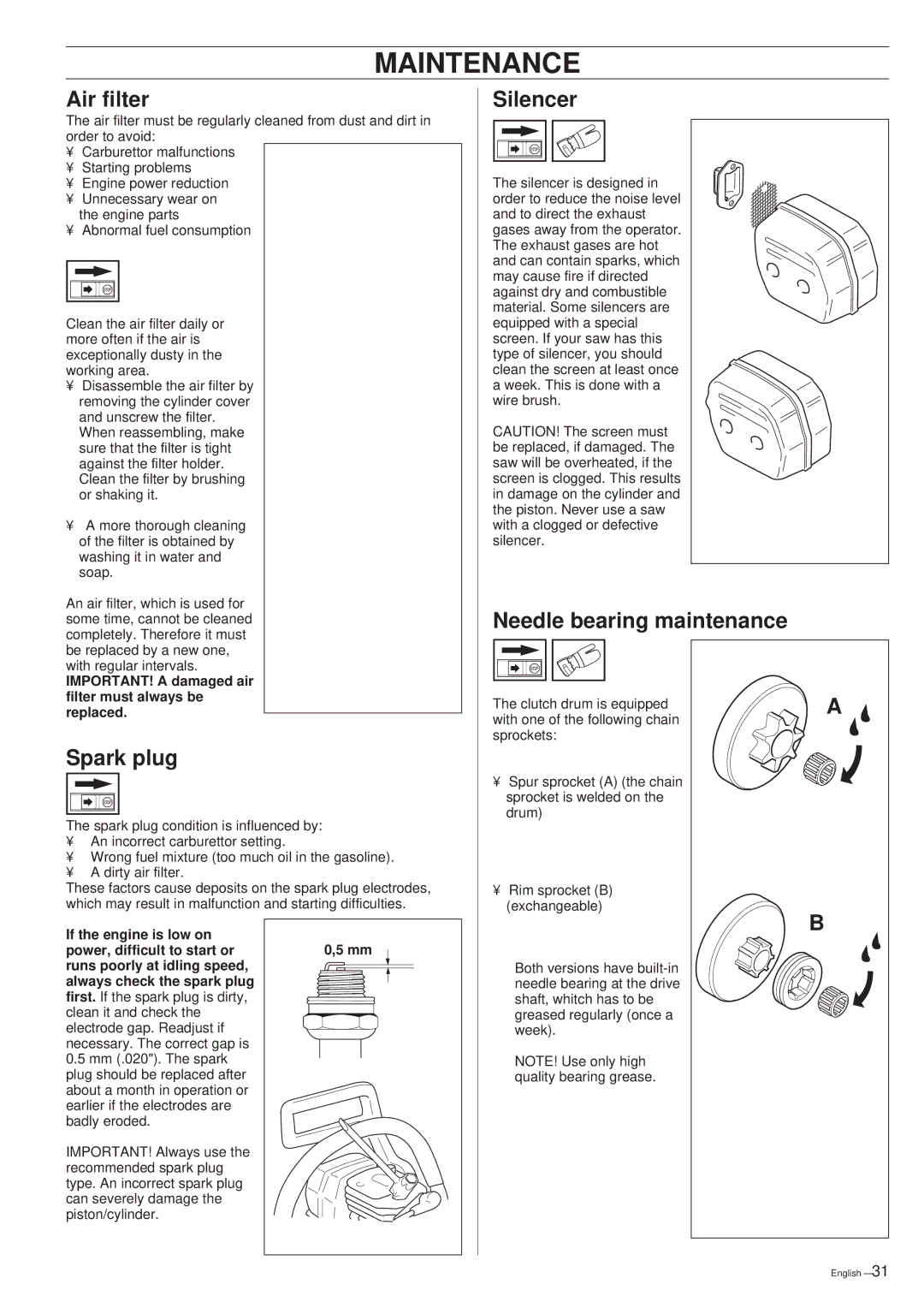 Jonsered 670, 625, 630 manual Air filter, Silencer, Needle bearing maintenance, Spark plug 