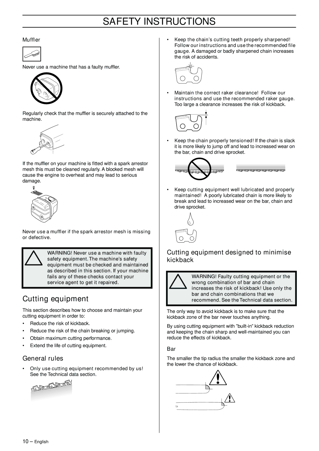 Jonsered 70C, 50C manual General rules, Cutting equipment designed to minimise kickback, Mufﬂer, Bar 