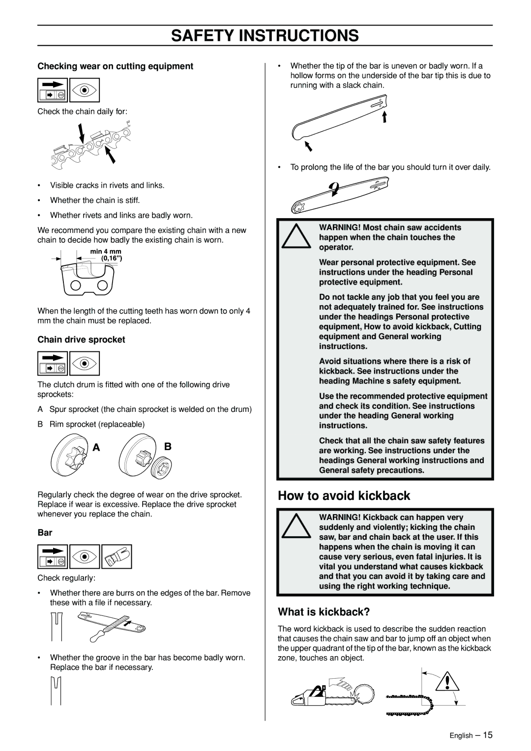 Jonsered 50C, 70C manual How to avoid kickback, What is kickback?, Checking wear on cutting equipment, Chain drive sprocket 