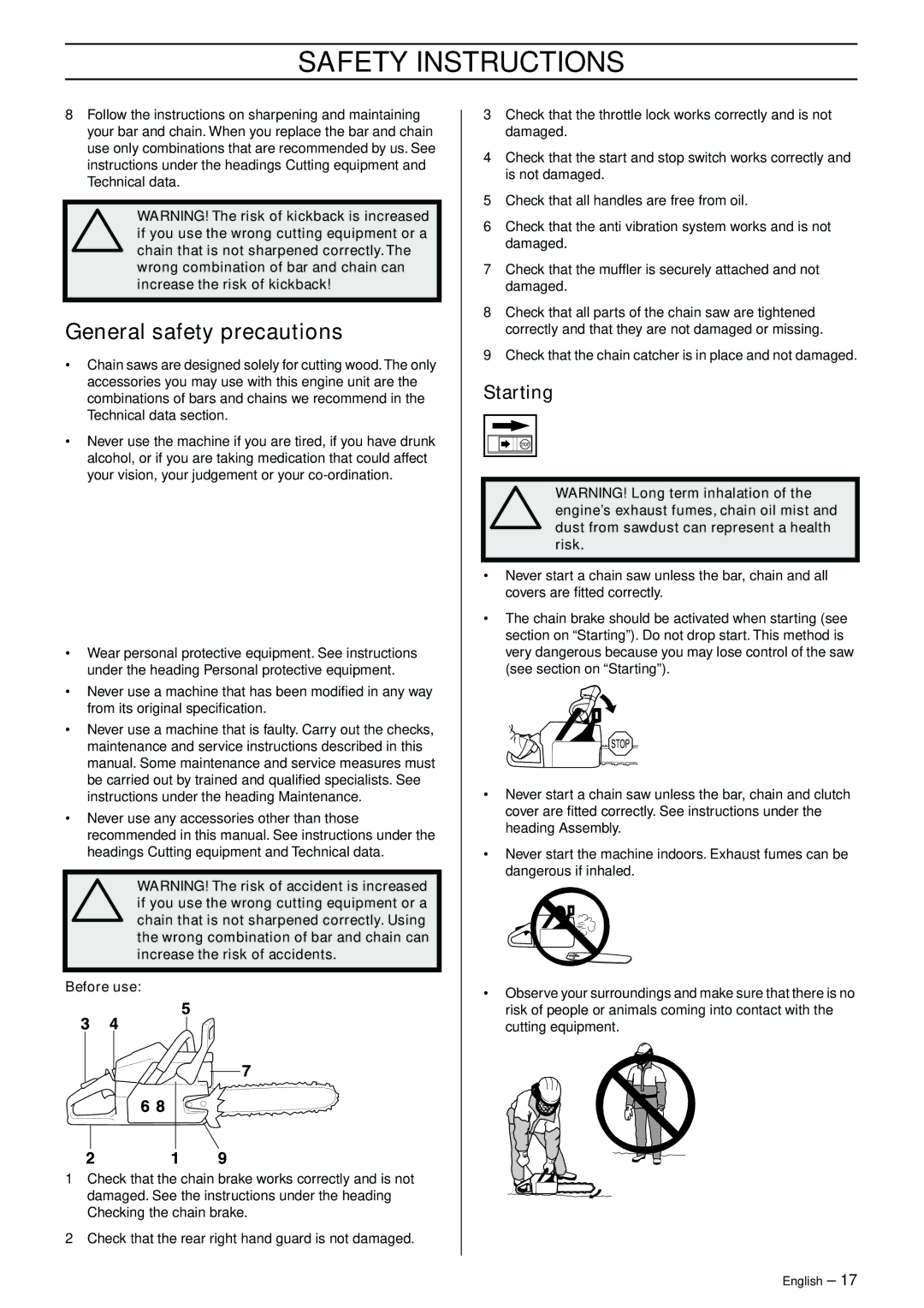 Jonsered 50C, 70C manual General safety precautions, Starting 