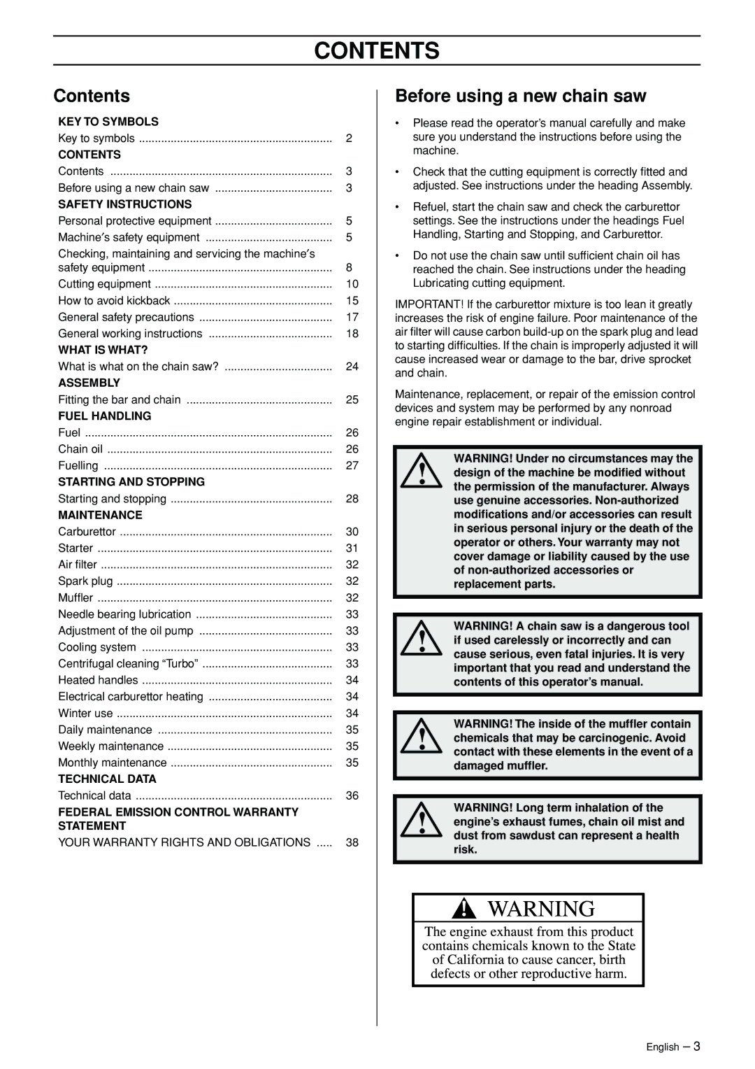 Jonsered 50C, 70C manual Contents 