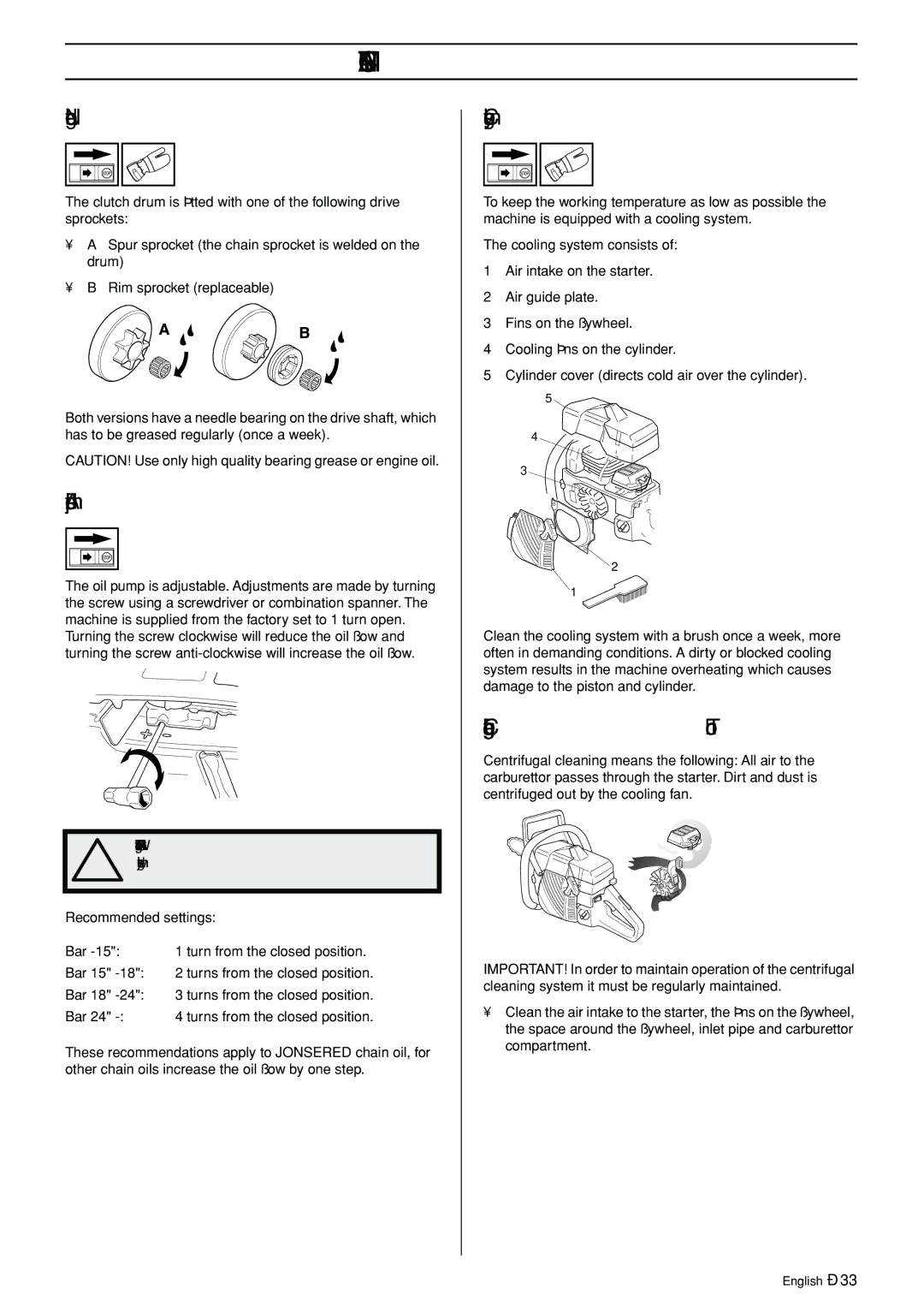 Jonsered 50C, 70C manual Needle bearing lubrication, Adjustment of the oil pump, Cooling system, Centrifugal cleaning Turbo 