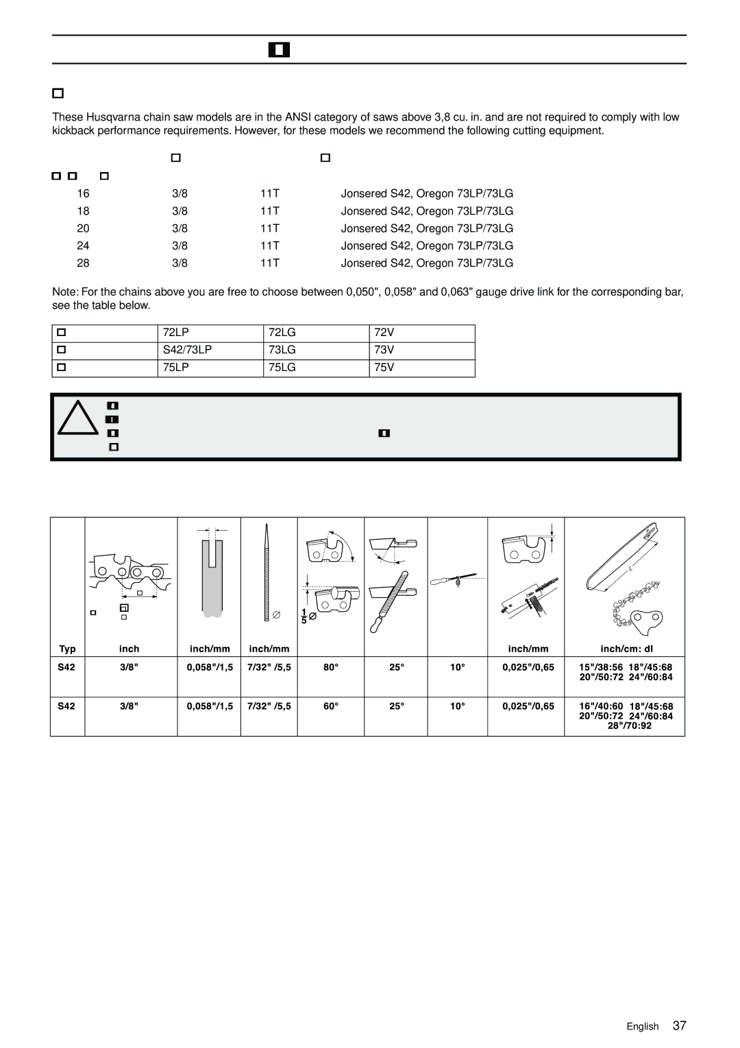 Jonsered 50C, 70C manual Bar Chain, Length, inches Pitch, inch Max nose radius, 050/1,3 mm, 058/1,5mm, 063/1,6 mm 