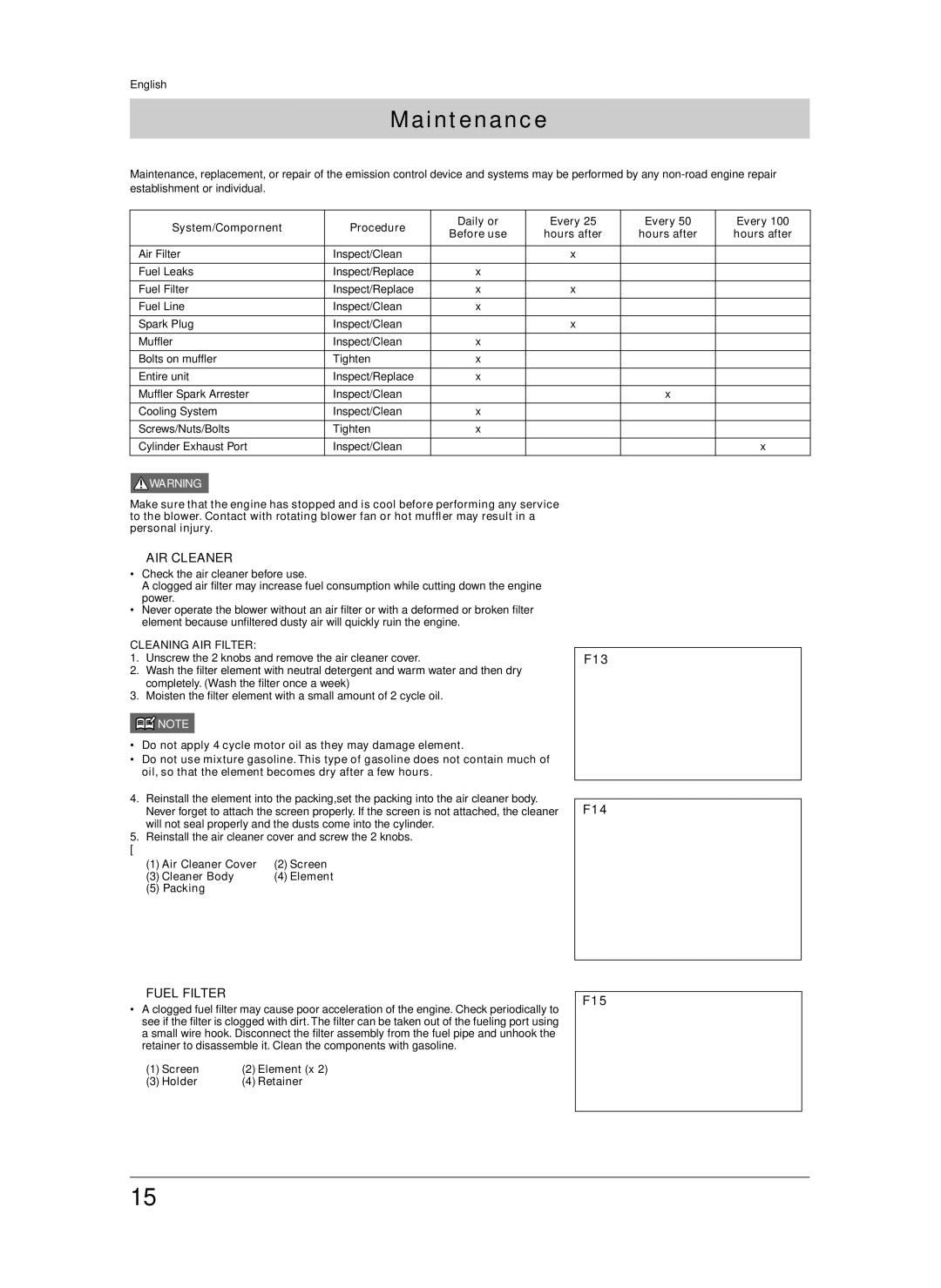 Jonsered BB2250 manual Maintenance, AIR Cleaner, Fuel Filter, Cleaning AIR Filter 