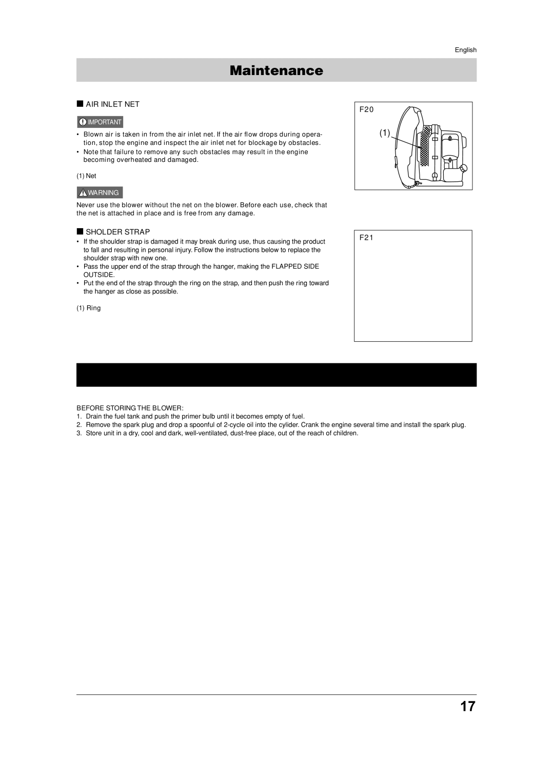 Jonsered BB2250 manual Storage, AIR Inlet NET, Sholder Strap, Ring, Before Storing the Blower 