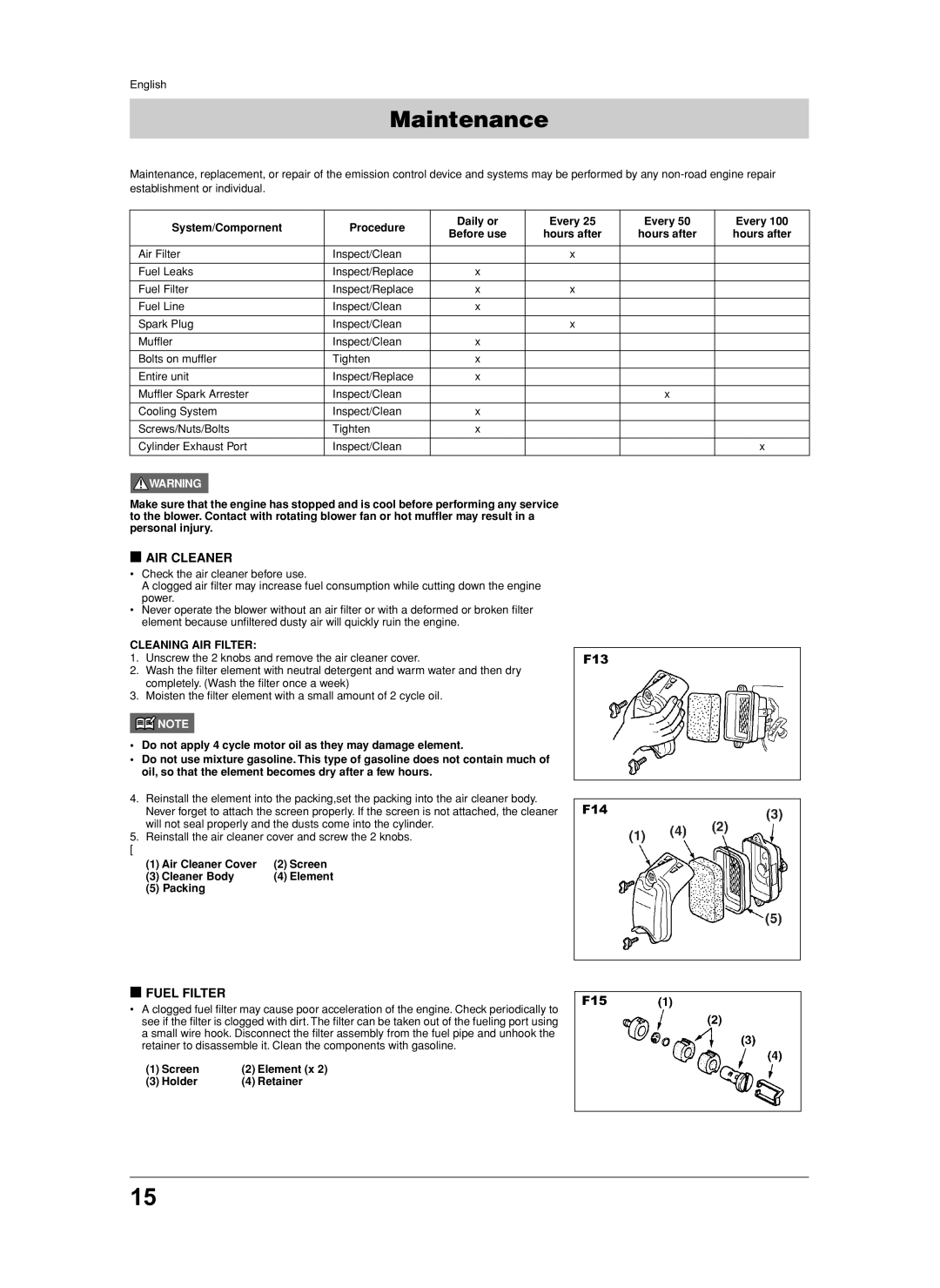 Jonsered BB2250 manual Maintenance, Air Cleaner, Fuel Filter, F13 F14 F15 