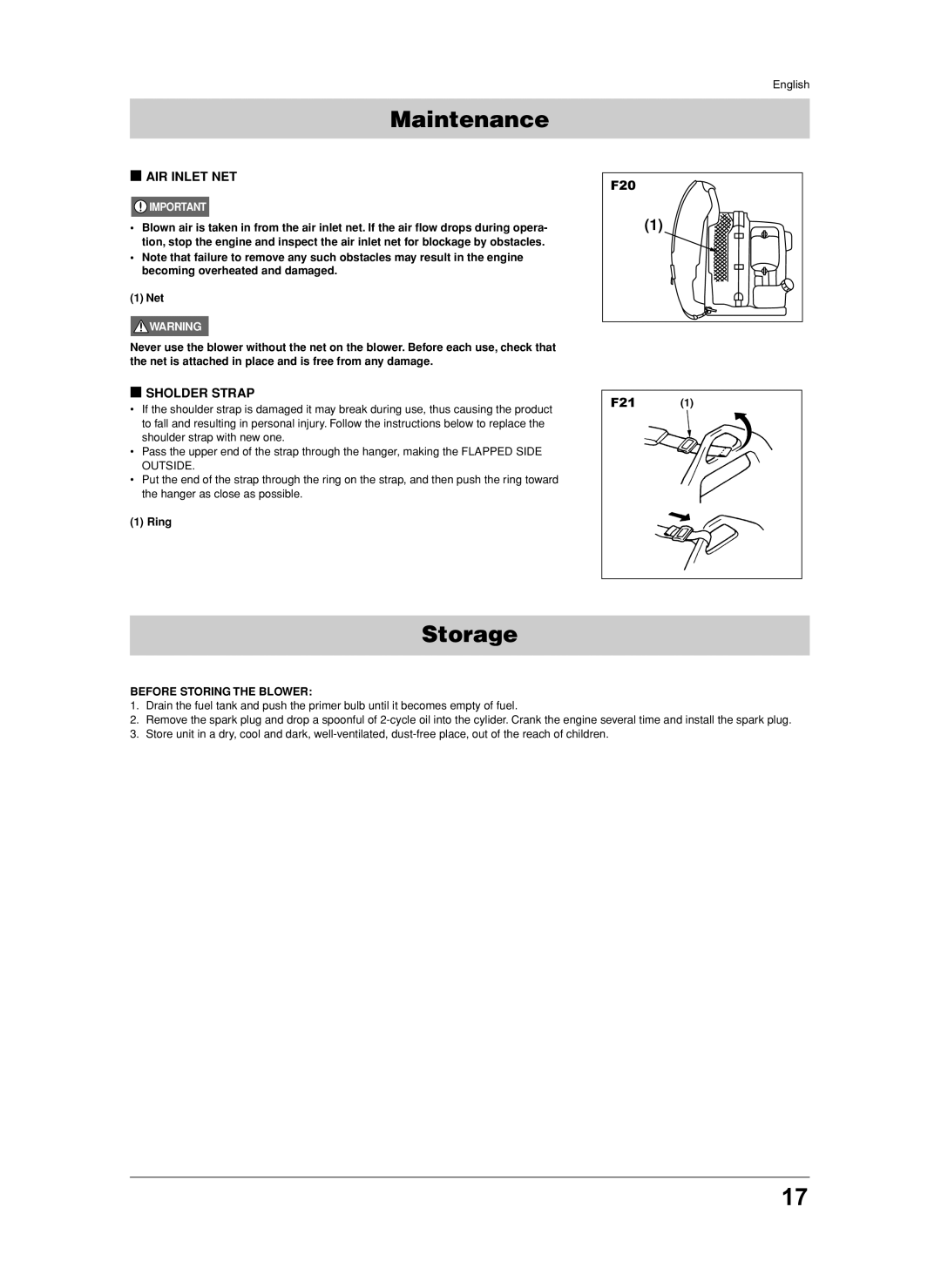 Jonsered BB2250 manual Storage, Air Inlet Net, Sholder Strap, Maintenance 