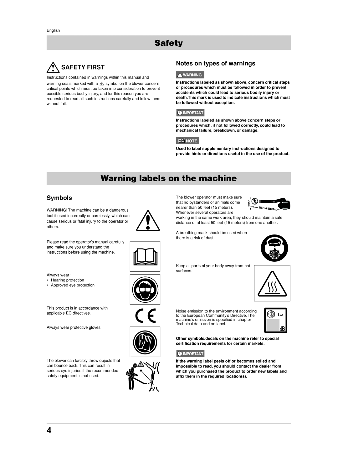 Jonsered BB2250 manual Warning labels on the machine, Safety First, Notes on types of warnings, Symbols 