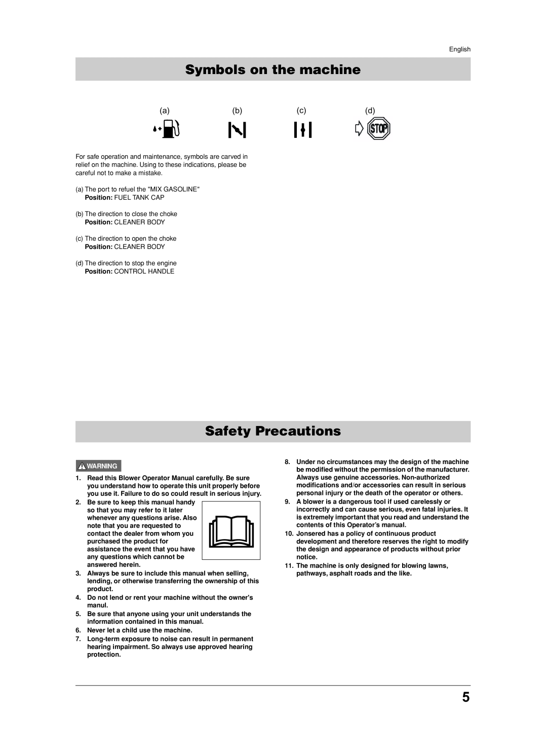 Jonsered BB2250 manual Symbols on the machine, Safety Precautions 