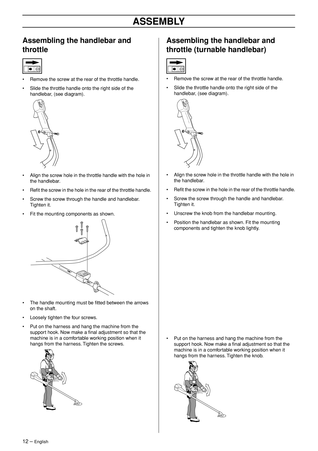 Jonsered BC 2125 manual Assembly, Assembling the handlebar and throttle 