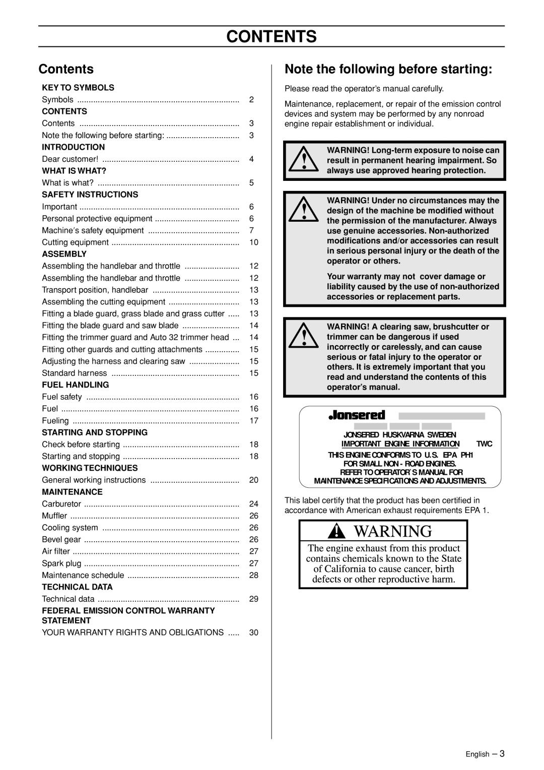 Jonsered BC 2125 manual Contents 