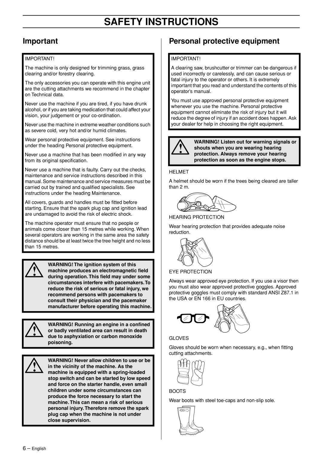 Jonsered BC 2125 manual Safety Instructions, Personal protective equipment 