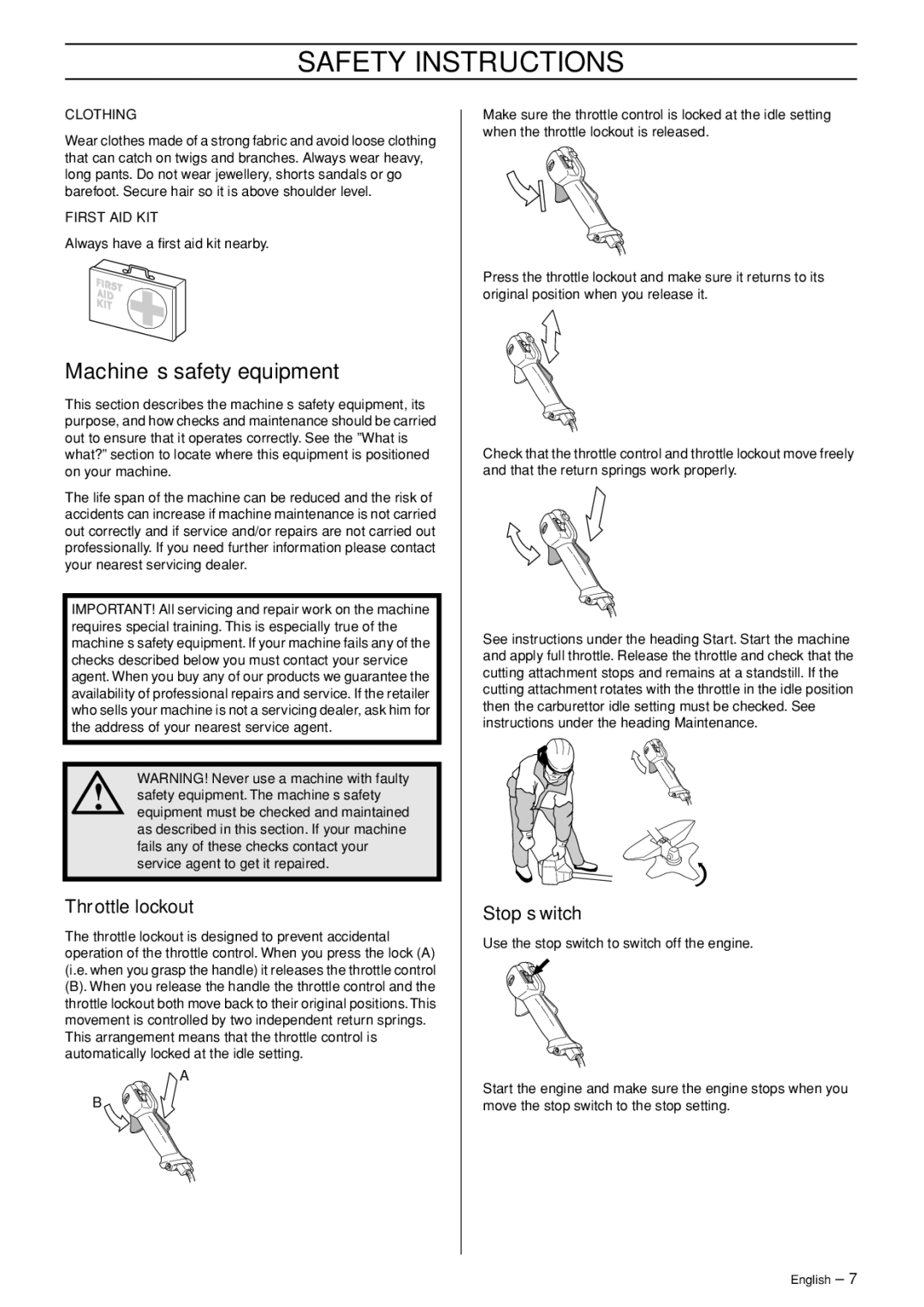 Jonsered BC 2125 manual Machine′s safety equipment, Throttle lockout, Stop switch 