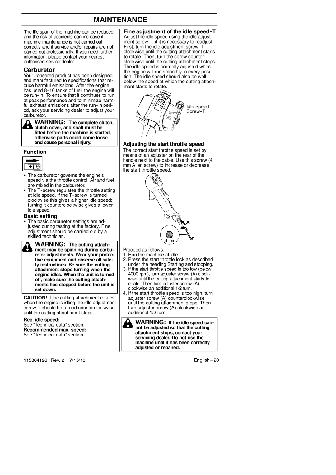 Jonsered BC 2128 manuel dutilisation Maintenance, Carburetor 