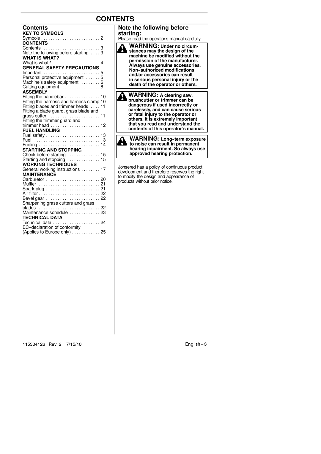 Jonsered BC 2128 manuel dutilisation Contents 