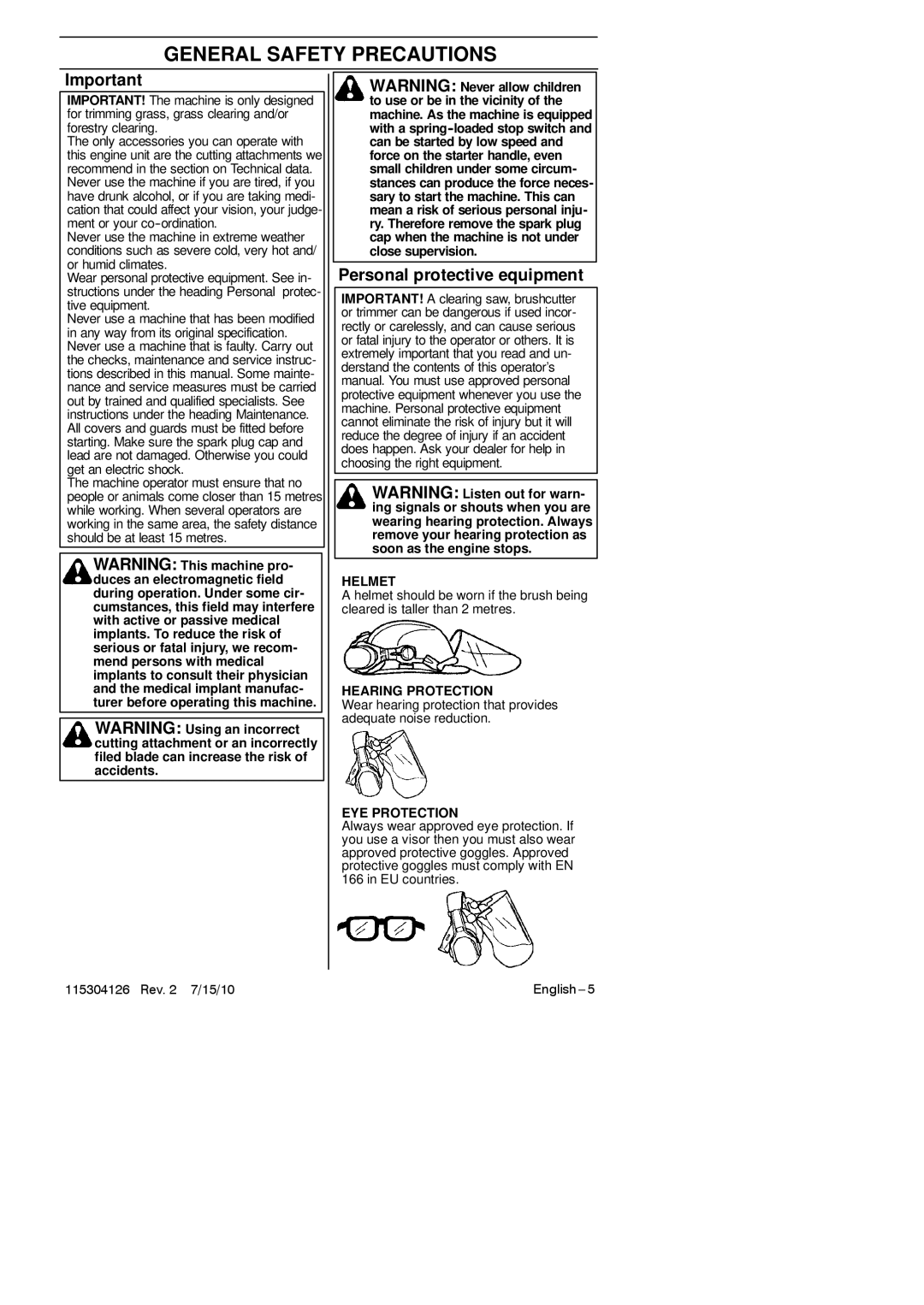 Jonsered BC 2128 manuel dutilisation General Safety Precautions, Personal protective equipment 