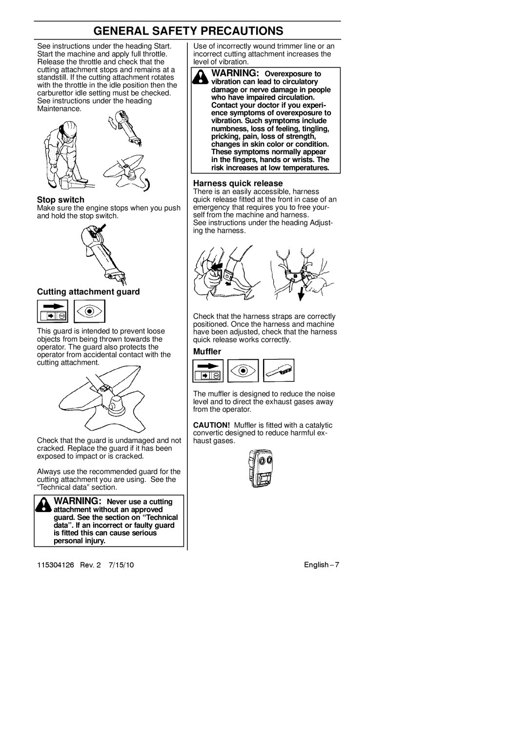 Jonsered BC 2128 manuel dutilisation Stop switch, Cutting attachment guard, Harness quick release, Muffler 