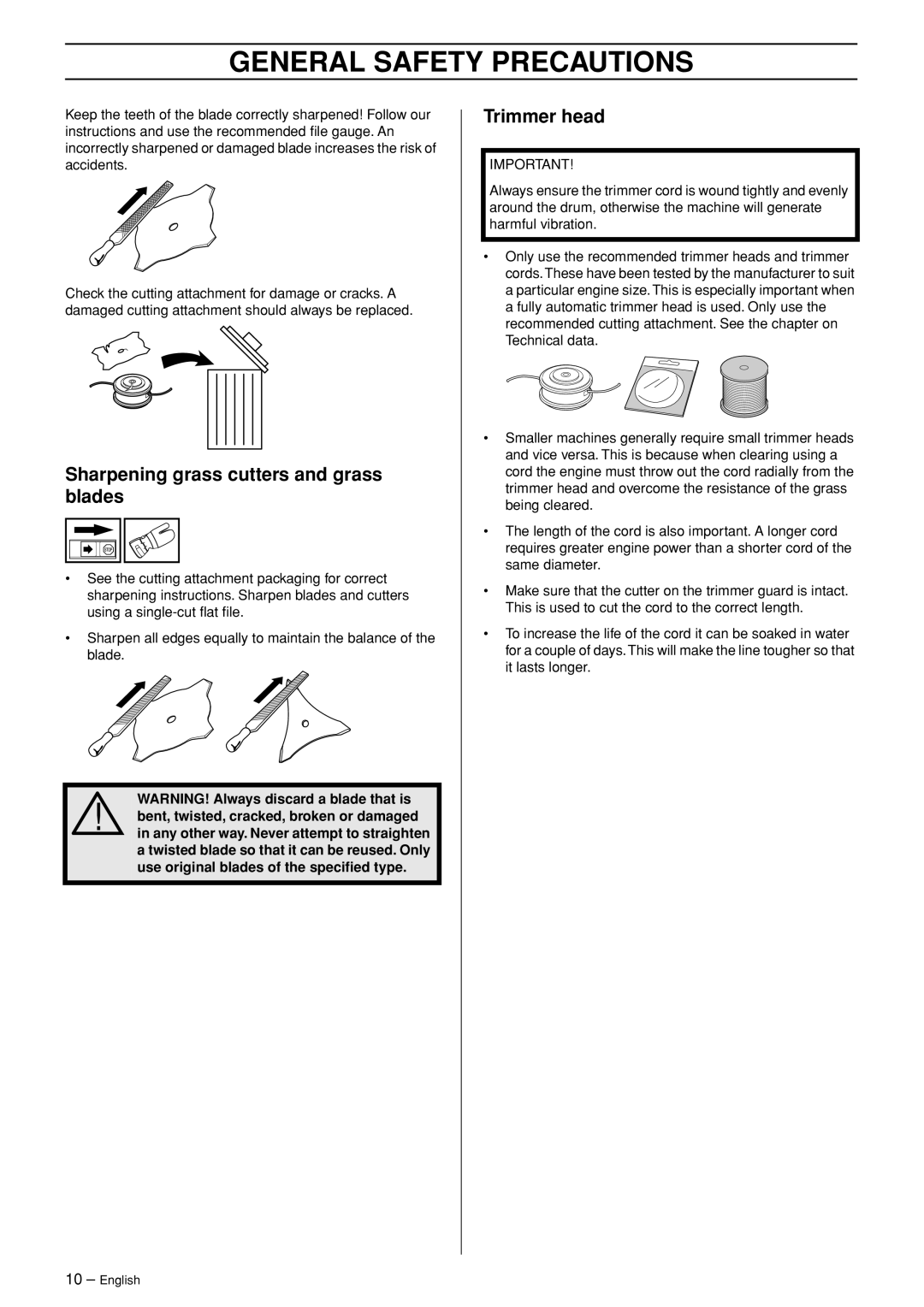 Jonsered BC2043, BC2053 manual Sharpening grass cutters and grass blades, Trimmer head 