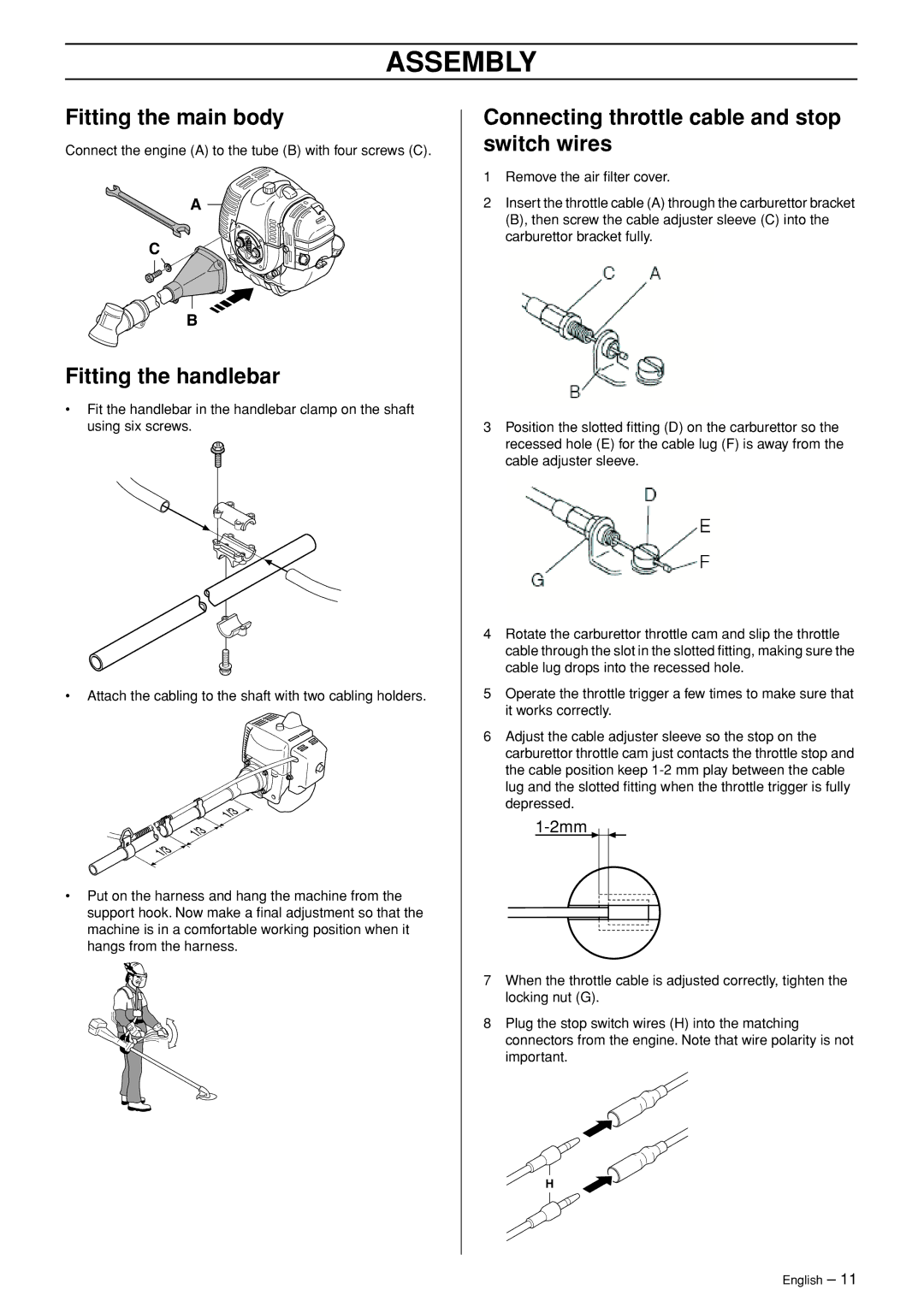 Jonsered BC2053 Assembly, Fitting the main body, Fitting the handlebar, Connecting throttle cable and stop switch wires 