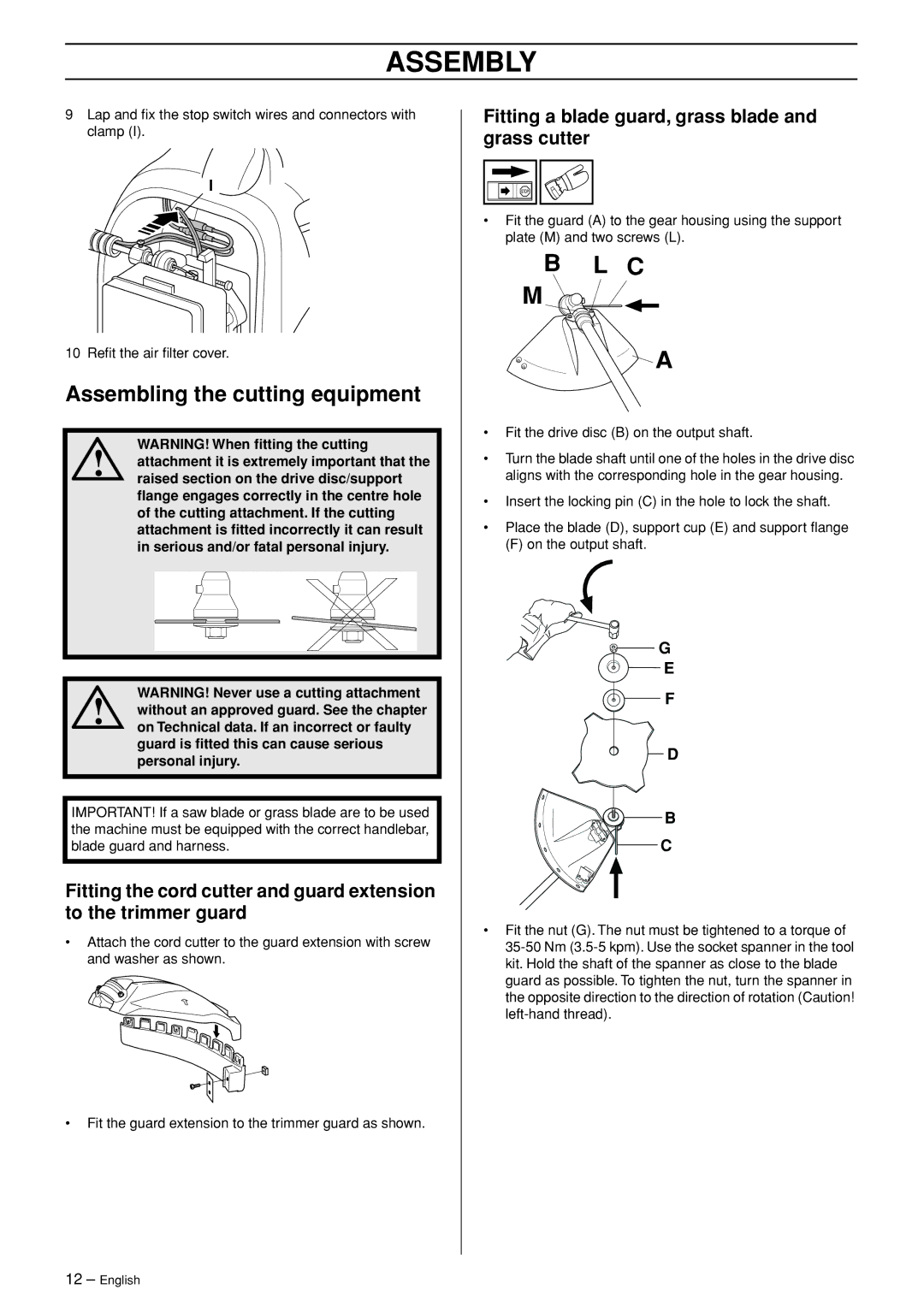 Jonsered BC2043, BC2053 manual Assembling the cutting equipment, Fitting a blade guard, grass blade and grass cutter 