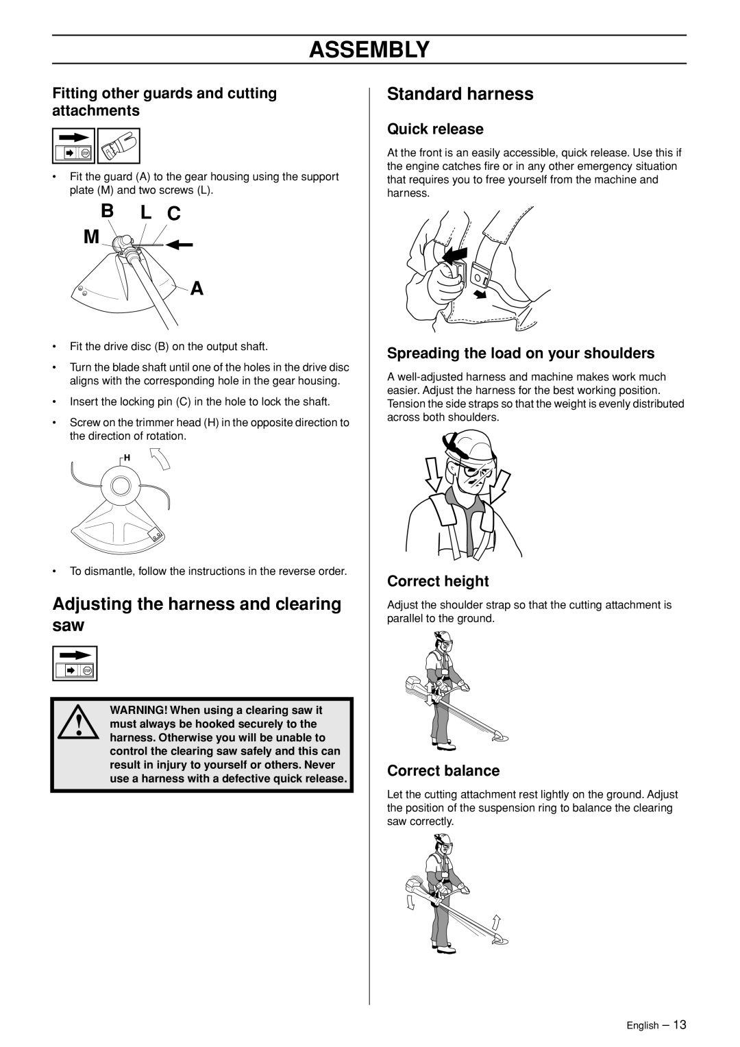 Jonsered BC2053, BC2043 manual Adjusting the harness and clearing saw, Standard harness 