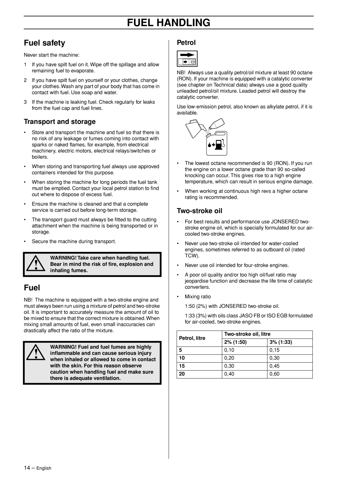 Jonsered BC2043, BC2053 manual Fuel Handling, Fuel safety 