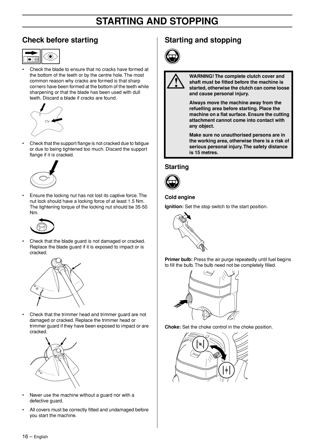 Jonsered BC2043, BC2053 manual Starting and Stopping, Check before starting, Starting and stopping, Cold engine 