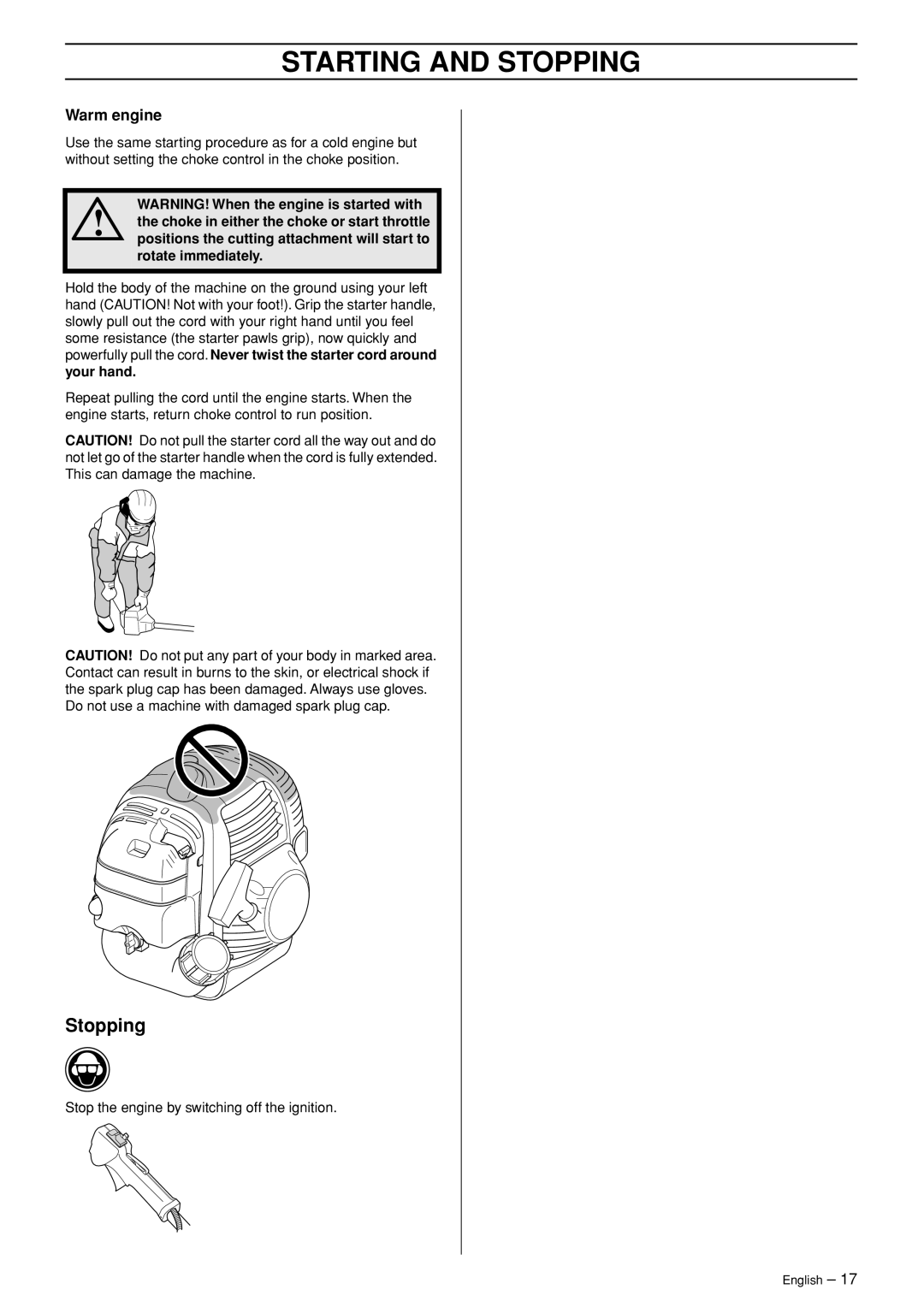 Jonsered BC2053, BC2043 manual Stopping, Warm engine 