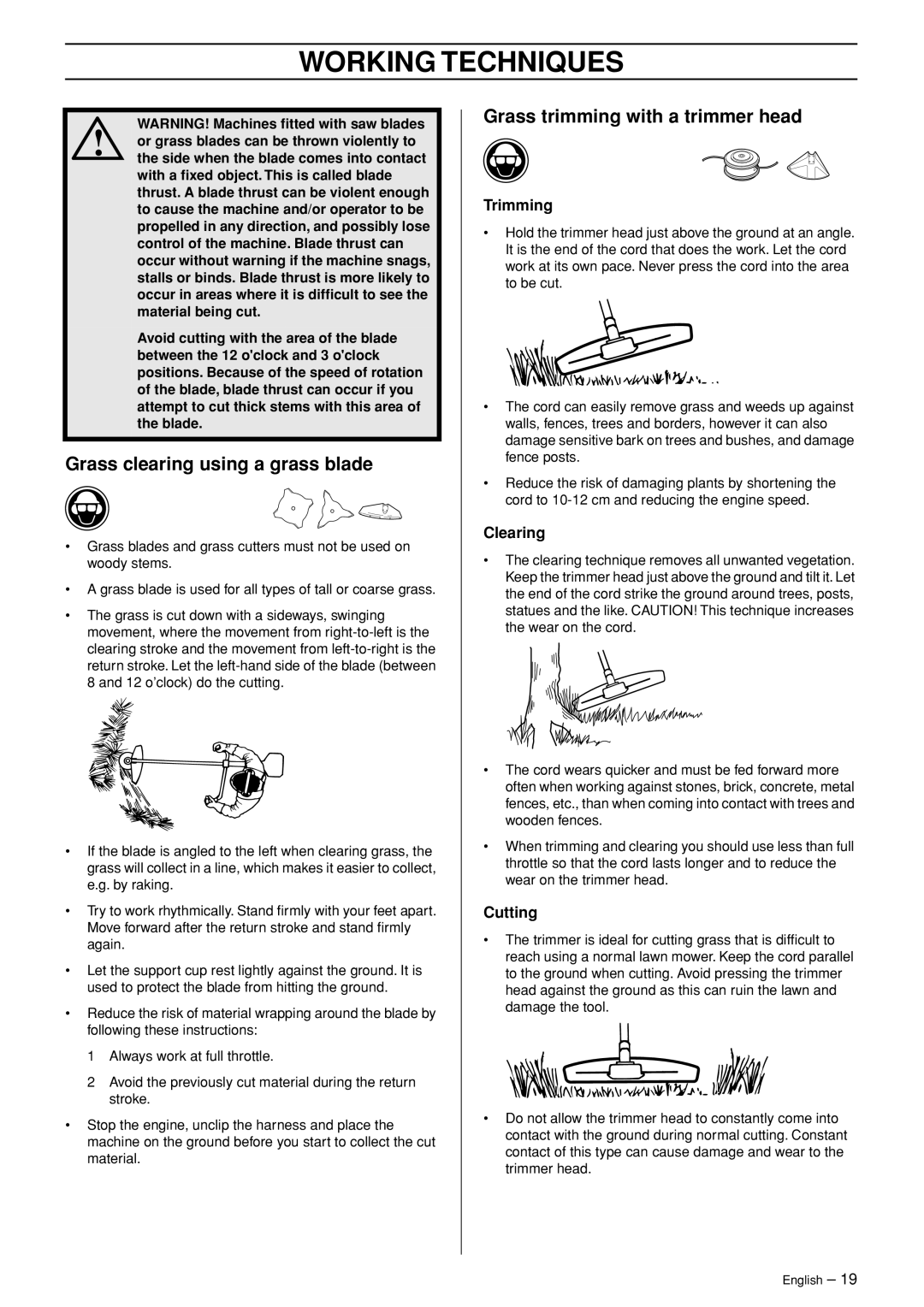 Jonsered BC2053 manual Grass clearing using a grass blade, Grass trimming with a trimmer head, Trimming, Clearing, Cutting 