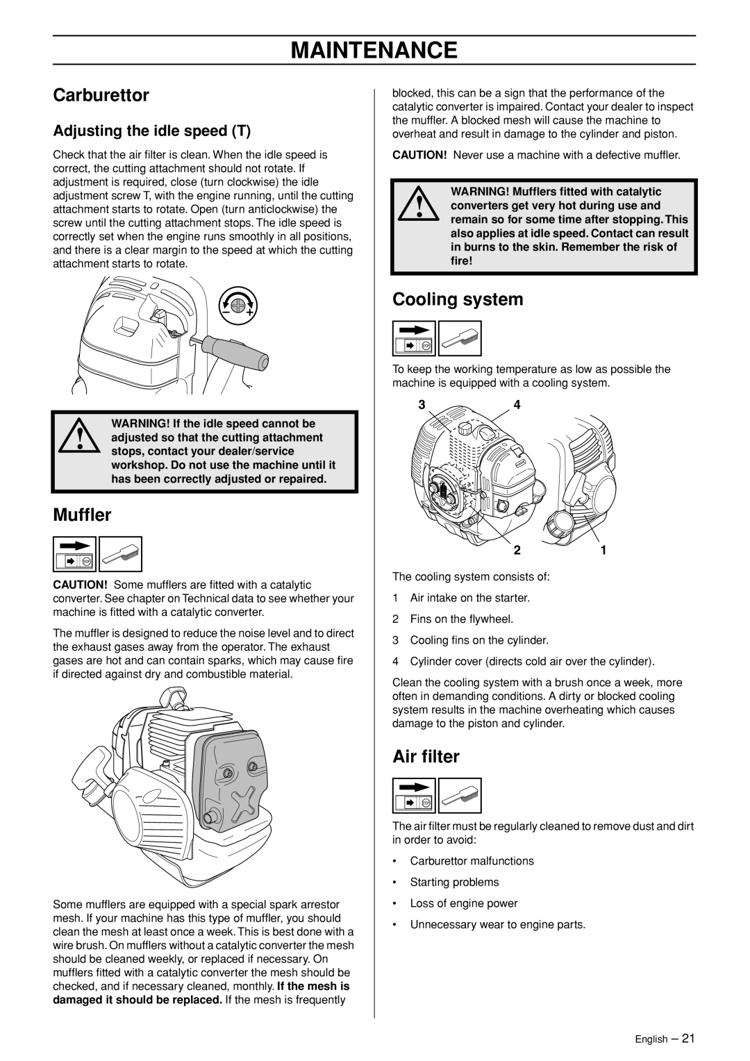 Jonsered BC2053, BC2043 manual Maintenance, Carburettor, Mufﬂer, Cooling system, Air ﬁlter 