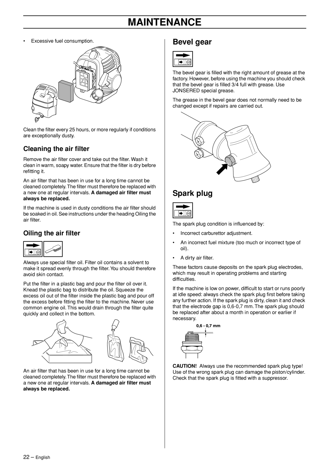 Jonsered BC2043, BC2053 manual Bevel gear, Spark plug, Cleaning the air ﬁlter, Oiling the air ﬁlter 