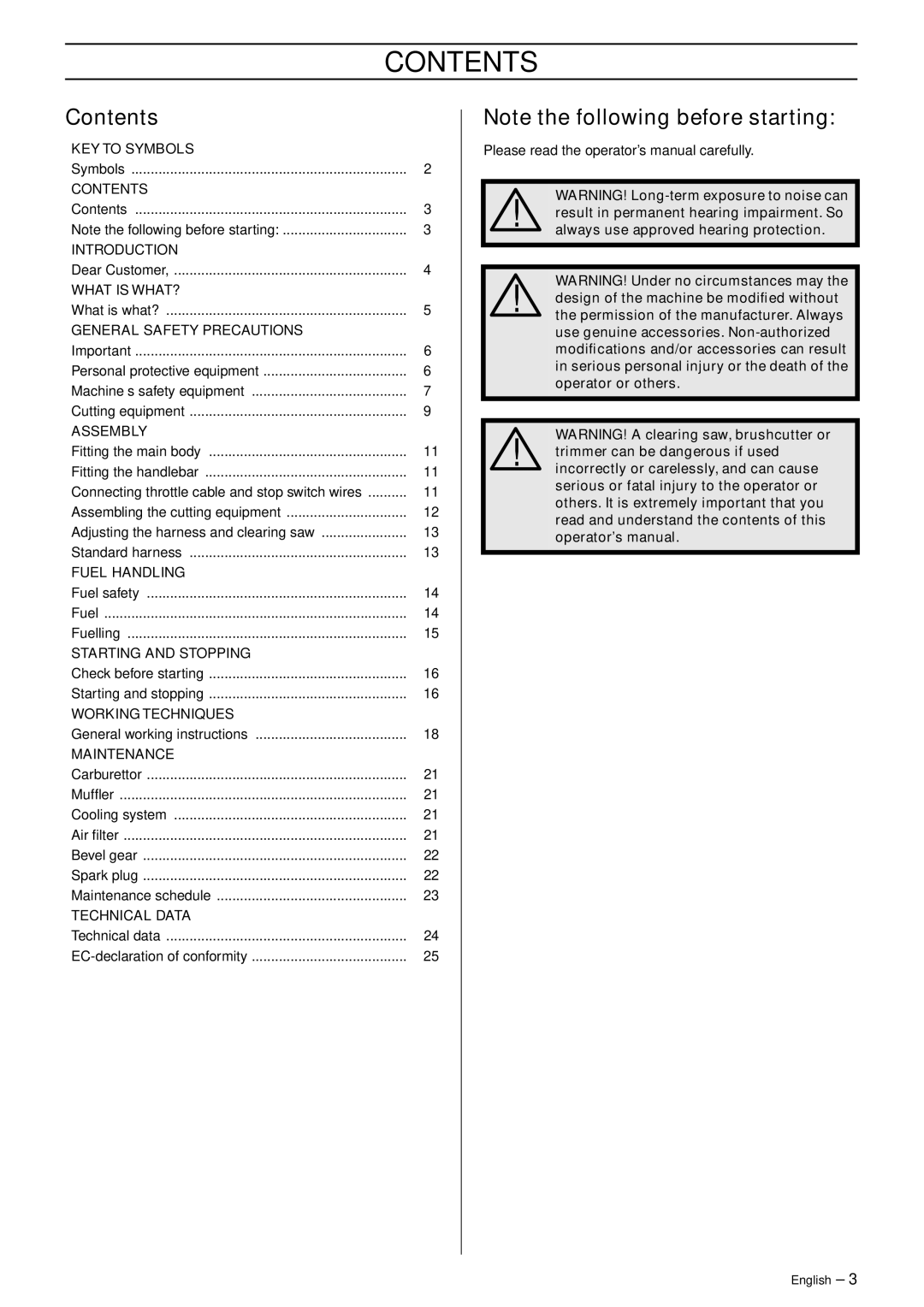 Jonsered BC2053, BC2043 manual Contents 